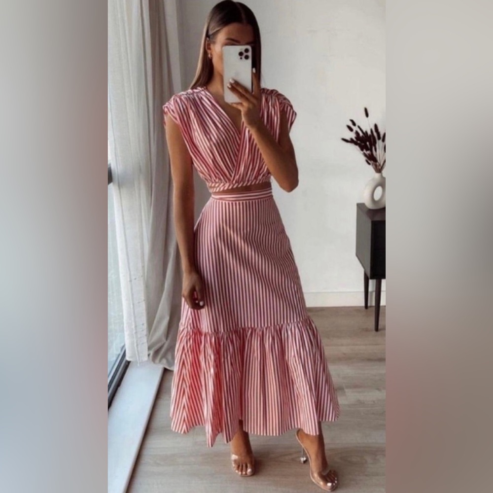 ZARA Top & Skirt Set Wrap Striped Poplin